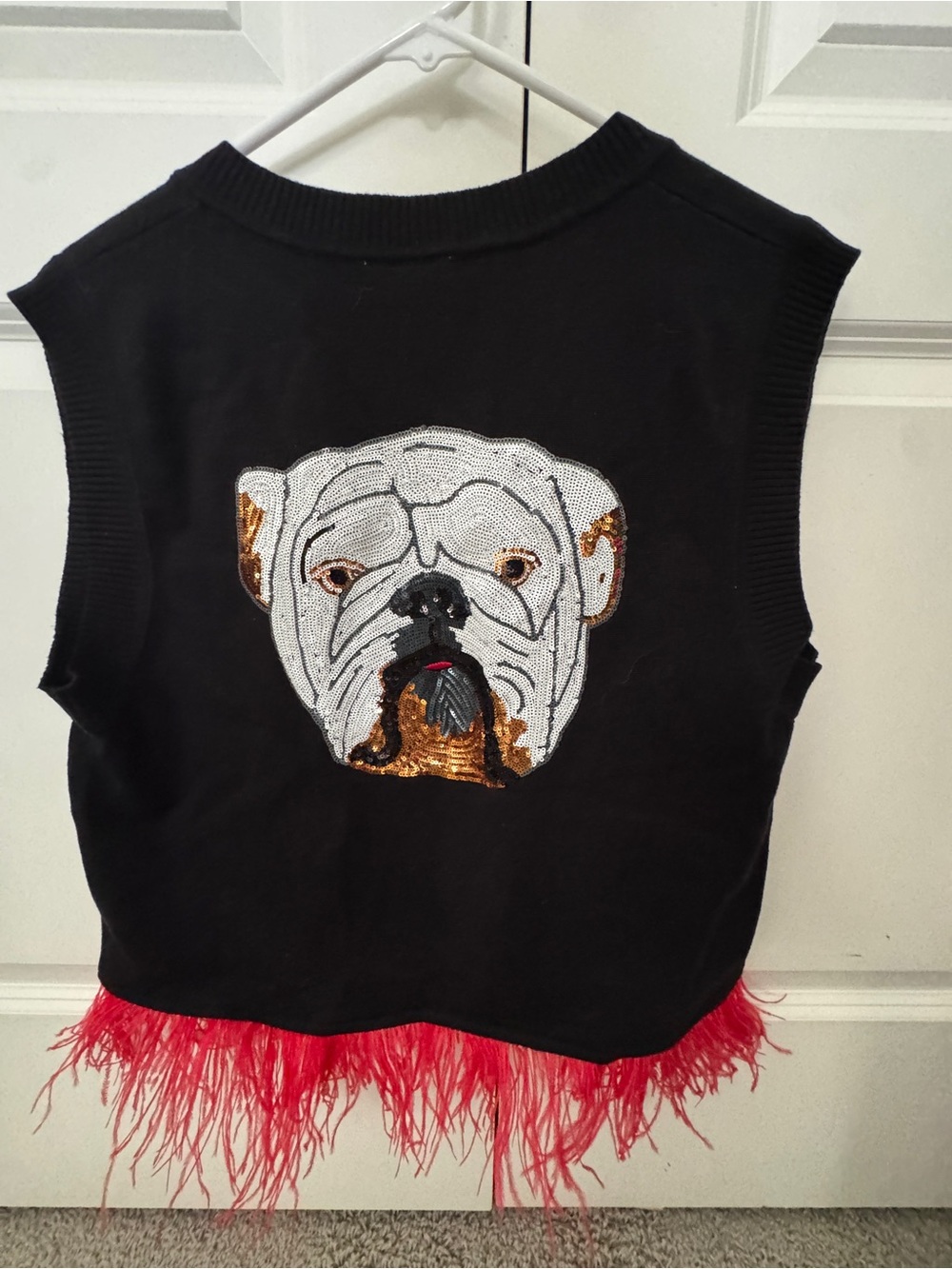 Queen of Sparkles UGA/Dawgs black football sweater w/ Red Feather Trim